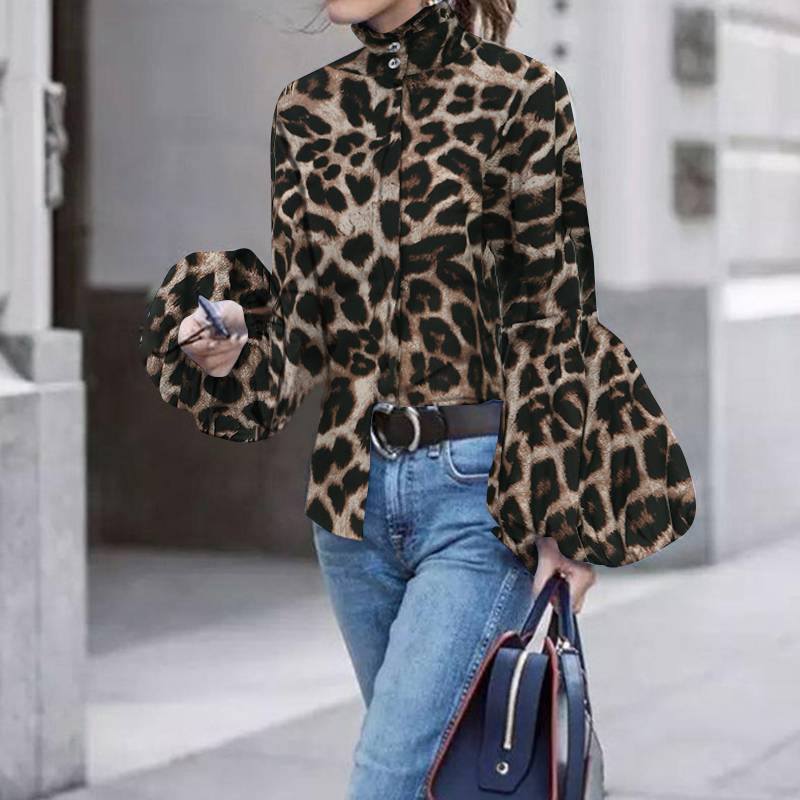 Top Leopard Lantern Sleeve Blouse - Classy Chic Fashion Boutique Calgary Canada